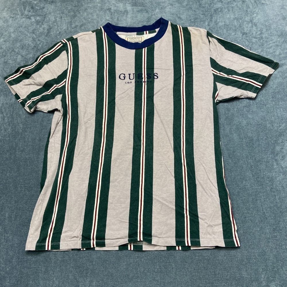Guess Originals T Shirt Mens Medium Multicolor Striped Spellout Logo Crew Neck